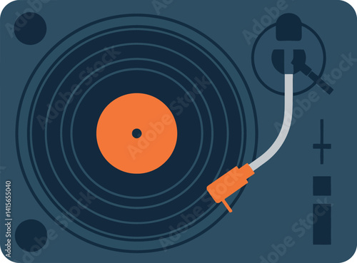 Vintage vinyl record player with tonearm and orange label flat design vector illustration