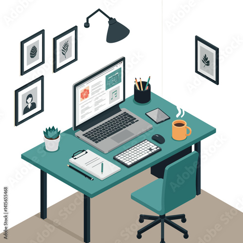 Modern home office workspace with laptop, teal desk, ergonomic chair, stationery, and framed botanical art flat design vector illustration