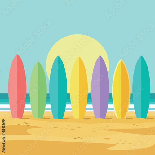 Colorful surfboards standing upright in sand by ocean under bright sun flat design vector illustration