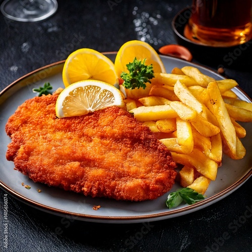 Breaded cutlet served with french fries, salad, and citrus on a plate, creating a delicious and visually appealing meal