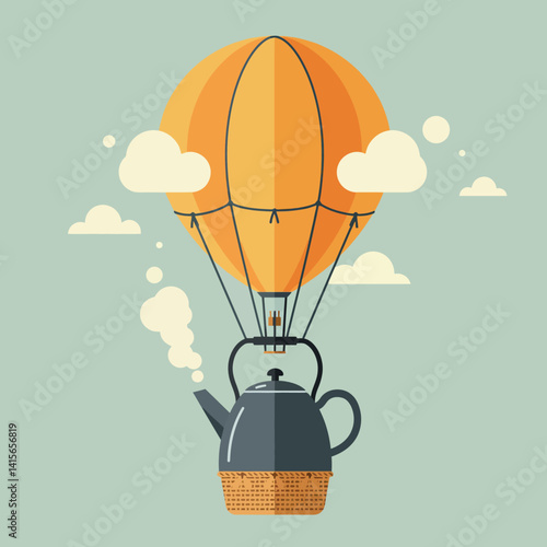Hot air balloon shaped like a teapot with orange canopy floating among clouds flat design vector illustration