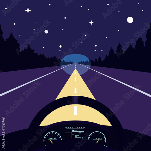 Nighttime road driving scene with starry sky flat design minimal vector illustration