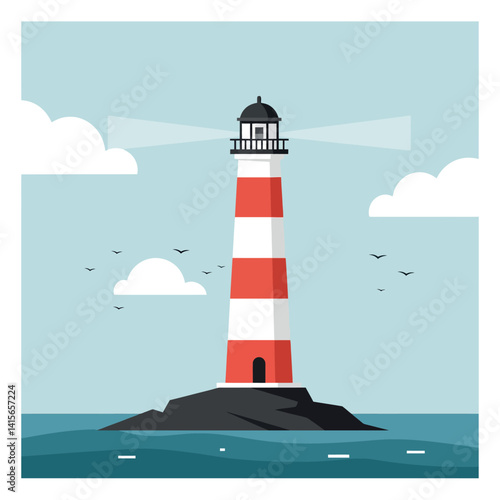 Red and white striped lighthouse on rocky island with birds flying under cloudy sky flat design vector illustration