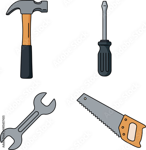 Set of simple hand tools including hammer wrench saw and screwdriver flat style vector illustration