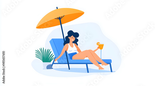 Obraz na płótnie Woman relaxing on beach chair with cocktail under parasol flat vector style illustration w salonie