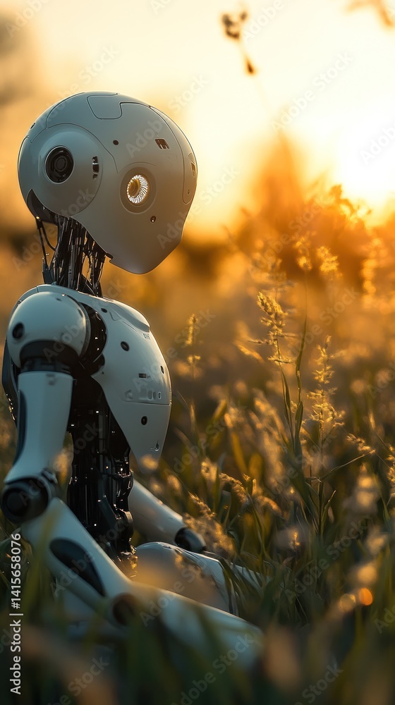 A futuristic robot sits peacefully in a sunlit grassy field A futuristic robot sits peacefully in a sunlit grassy field