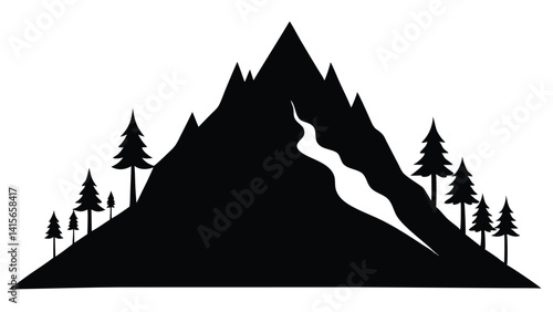 Mountain silhouette - vector icon. Rocky peaks. Mountains ranges. Black and white mountain icon