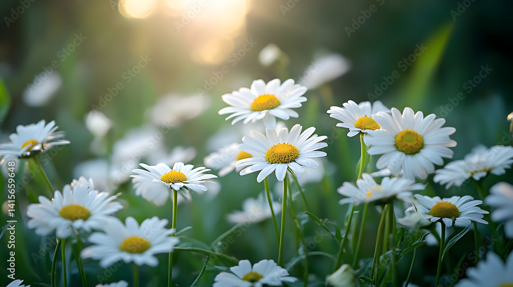 Fototapeta premium A serene wild daisy field in the late afternoon, where the last light of the day highlights the white petals of the flowers, creating a calm and peaceful scene.