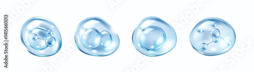 Blue collagen molecules inside liquid bubbles realistic color icons set. Cosmetics and skincare products 3d objects bundle on white