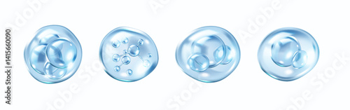 Collagen molecules bounce inside transparent bubbles realistic color icons set. Element vital for healthy skin 3d objects bundle on white