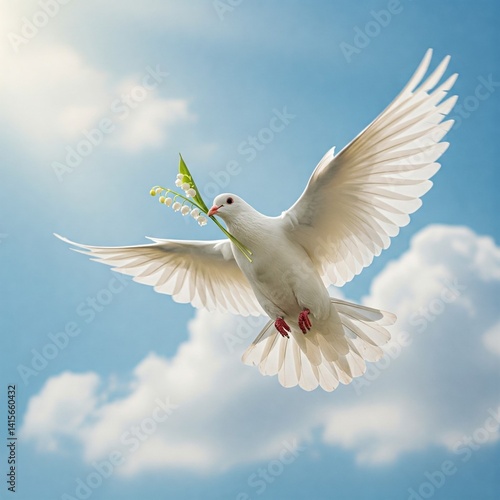 Colombe Blanche de la Paix en Vol et Brin de Muguet de Printemps, Symbole de Pureté et de Joie