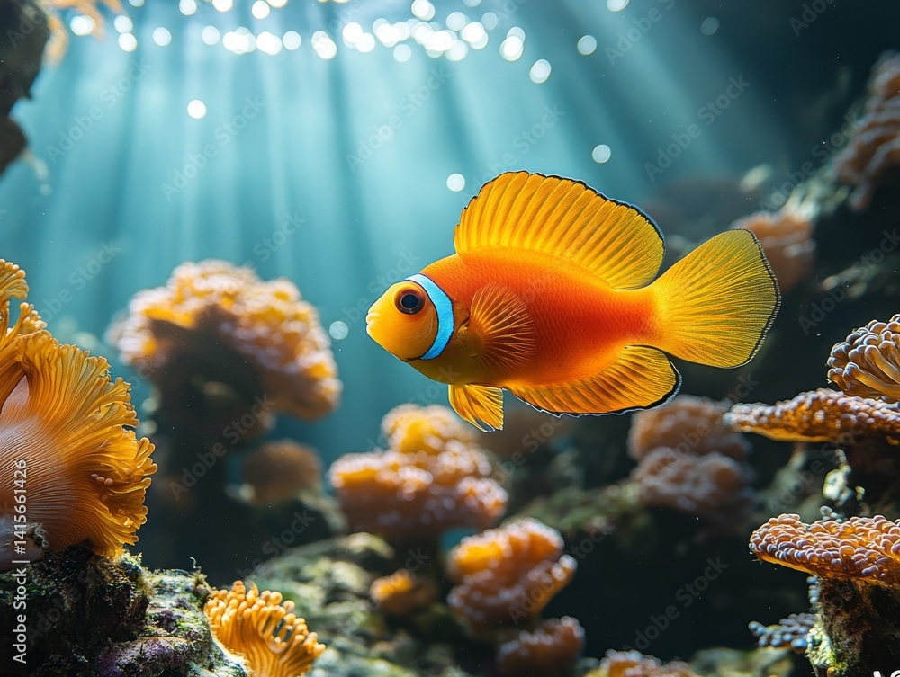 Obraz premium Golden Elegance: A vibrant orange Clownfish gracefully swims through sunlit waters amidst a coral reef, showcasing the beauty and harmony of marine life.