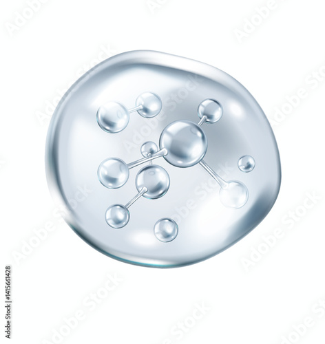 Silver collagen molecules floating inside gel bubble realistic vector illustration. Luxury skincare treatment 3d object on white background