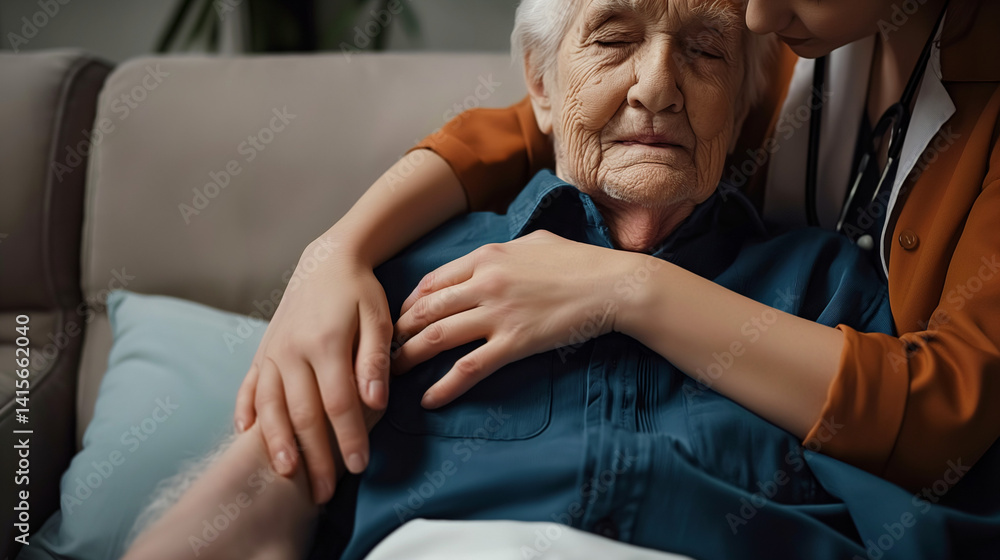 Nurse holds elderly in supportive gesture.