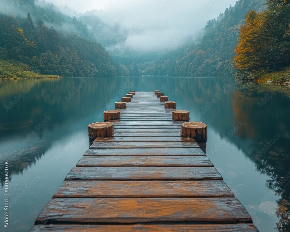 Fototapeta premium Tranquil wooden pier stretching into a misty lake surrounded by lush mountains
