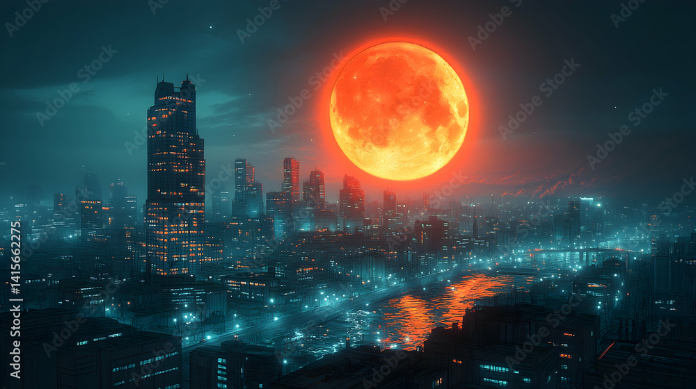 Obraz premium Metropolis beneath a vast orange moon lights twinkling across structures and reflecting off water in a cool urban sce