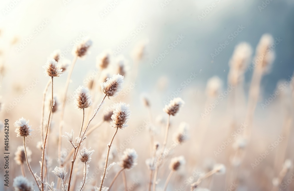 Winter landscape with dried flower stems covered in frost. Natural winter scene captures delicate beauty, serenity, tranquility. Snowflakes on plant macro shot. Peaceful winter nature background. Winter landscape with dried flower stems covered in frost. Natural winter scene captures delicate beauty, serenity, tranquility. Snowflakes on plant macro shot. Peaceful winter nature background.
