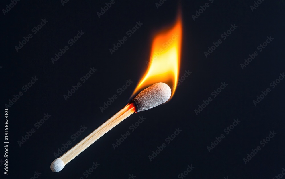 Close-up of a lit matchstick against a black background. The matchstick head is brightly lit with an orange flame. The image is simple and dramatic Close-up of a lit matchstick against a black background. The matchstick head is brightly lit with an orange flame. The image is simple and dramatic