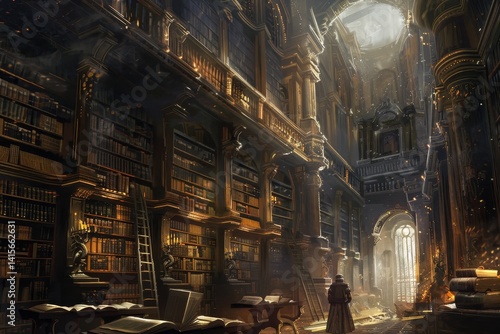 Ancient library with tall bookshelves, bathed in sunlight from high window, An ancient library with towering bookshelves and dusty tomes