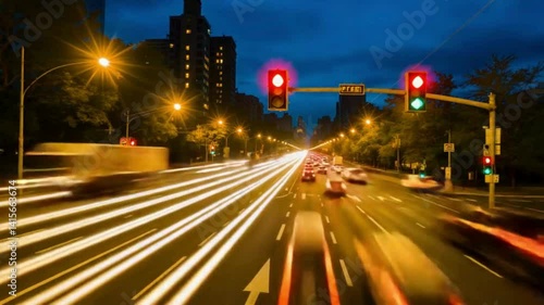 Wallpaper Mural Timelapse of a traffic light changing from red to green as cars pass through an urban intersection, highlighting the dynamic flow of city traffic and daily movement. Torontodigital.ca