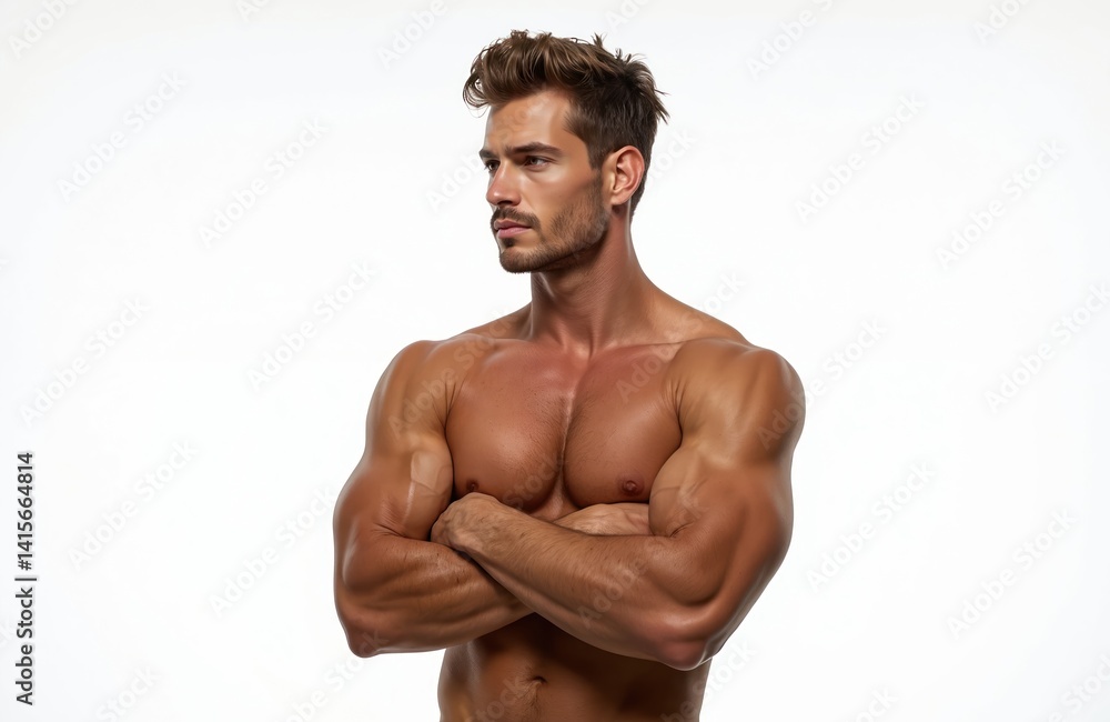 Fototapeta premium Handsome caucasian man poses with arms crossed on white background. Muscular shirtless guy, athletic body, strong arms, chest. Confident, serious look, unshaven, photogenic. Ideal for fitness tech,