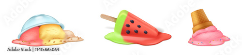 Illustration of melted ice cream and popsicle on white background. Includes a spilled bowl of colorful ice cream, a watermelon popsicle, and an overturned cone in vibrant colors.