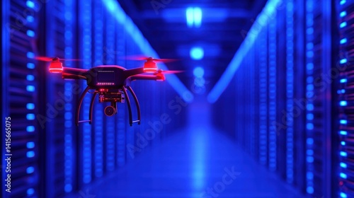 A drone navigates through a high-tech server room, with rows of illuminated server racks casting a blue glow. The atmosphere is futuristic and technological, showcasing advanced equipment