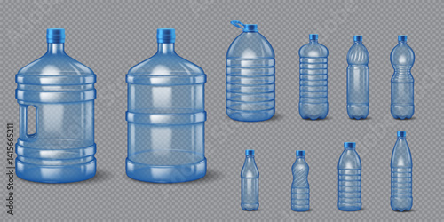 Set of transparent plastic bottles in different sizes and shapes suitable for storing various liquids. Includes large water dispensers and smaller portable bottles.