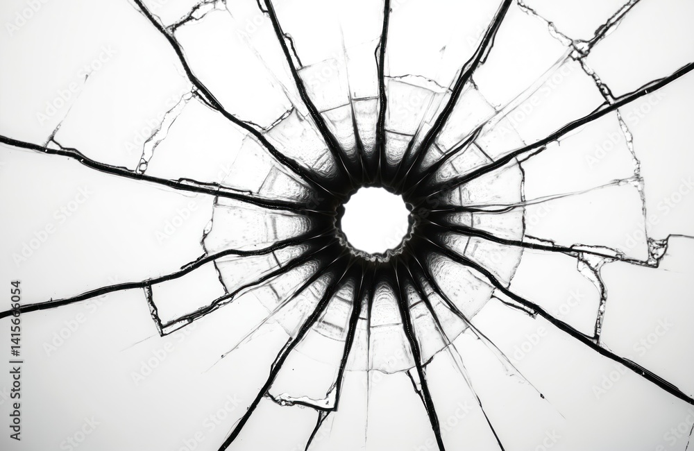 Obraz premium Cracked glass texture with bullet hole impact. Broken, fractured, shattered glass. Damage concept. White background. Bullet impact, crime scene, destruction, vandalism, impact, war, accident,