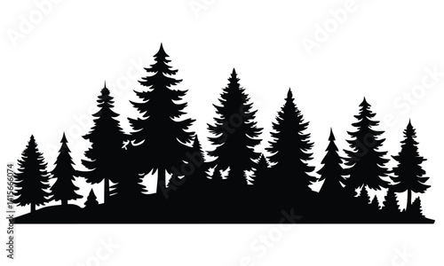 Forest of Christmas fir trees silhouette. Coniferous spruce panorama. Park of evergreen wood. Vector on white background