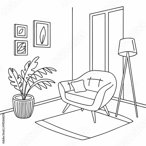 Continuous line interior with sofa, plant and lamp. One line drawing of Living room with modern furniture editable stroke. Single line. Handdraw contour. Flower in pot. Doodle vector