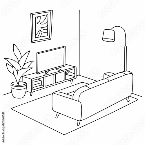 Continuous line interior with sofa, plant and lamp. One line drawing of Living room with modern furniture editable stroke. Single line. Handdraw contour. Flower in pot. Doodle vector