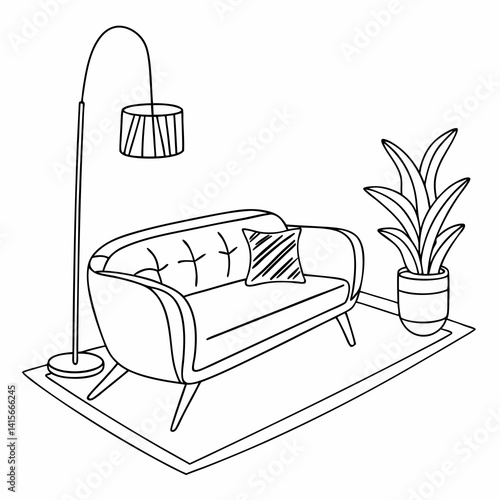 Continuous line interior with sofa, plant and lamp. One line drawing of Living room with modern furniture editable stroke. Single line. Handdraw contour. Flower in pot. Doodle vector