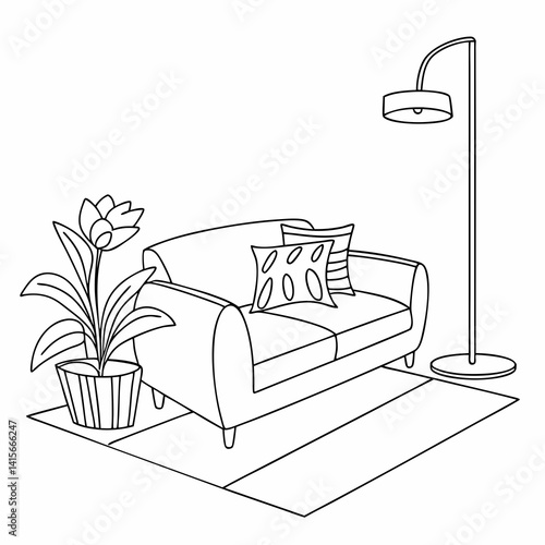 Continuous line interior with sofa, plant and lamp. One line drawing of Living room with modern furniture editable stroke. Single line. Handdraw contour. Flower in pot. Doodle vector