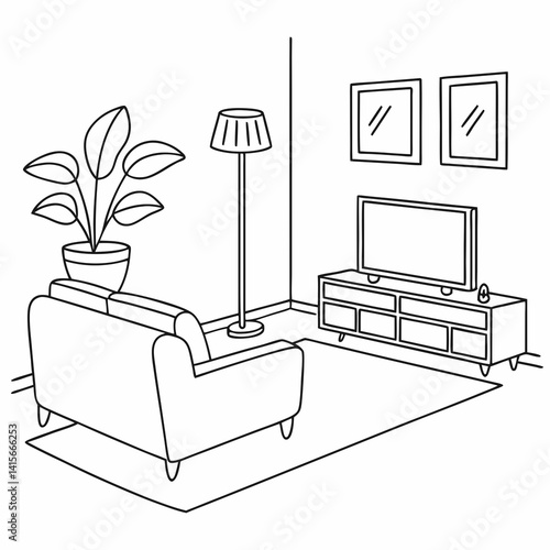 Continuous line interior with sofa, plant and lamp. One line drawing of Living room with modern furniture editable stroke. Single line. Handdraw contour. Flower in pot. Doodle vector