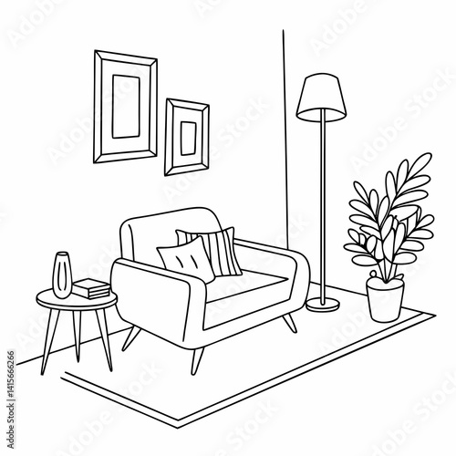 Continuous line interior with sofa, plant and lamp. One line drawing of Living room with modern furniture editable stroke. Single line. Handdraw contour. Flower in pot. Doodle vector