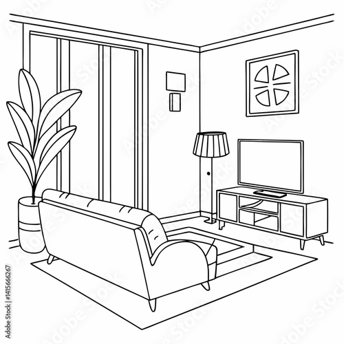 Continuous line interior with sofa, plant and lamp. One line drawing of Living room with modern furniture editable stroke. Single line. Handdraw contour. Flower in pot. Doodle vector