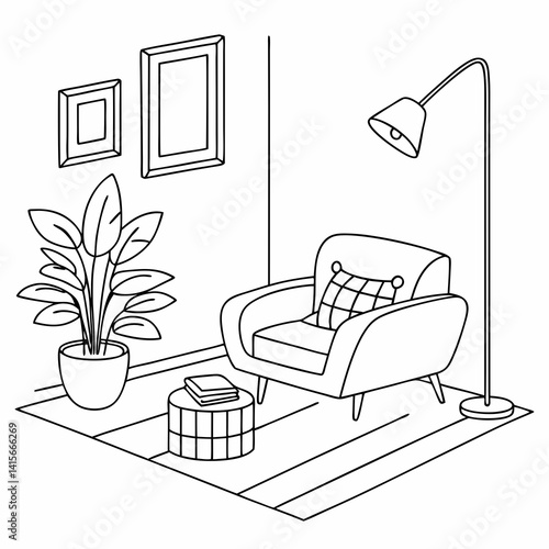 Continuous line interior with sofa, plant and lamp. One line drawing of Living room with modern furniture editable stroke. Single line. Handdraw contour. Flower in pot. Doodle vector