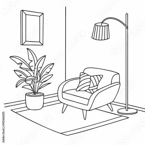 Continuous line interior with sofa, plant and lamp. One line drawing of Living room with modern furniture editable stroke. Single line. Handdraw contour. Flower in pot. Doodle vector