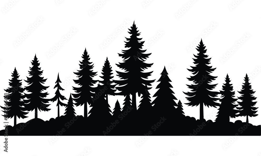 Obraz premium Forest of Christmas fir trees silhouette. Coniferous spruce panorama. Park of evergreen wood. Vector on white background