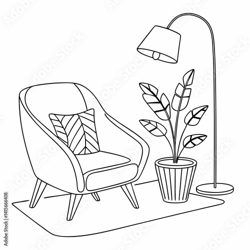 Continuous line interior with sofa, plant and lamp. One line drawing of Living room with modern furniture editable stroke. Single line. Handdraw contour. Flower in pot. Doodle vector
