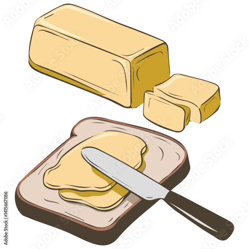 knife spreading butter toast bread isolated vector illustration on white background