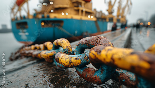 Close-up of a rusty and weathered chain at a dock, with a large cargo ship blurred in the background. The chain shows signs of age and exposure to the elements.