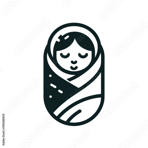 Sweet baby swaddled in blanket, peaceful expression, minimalist style  on a transparent background