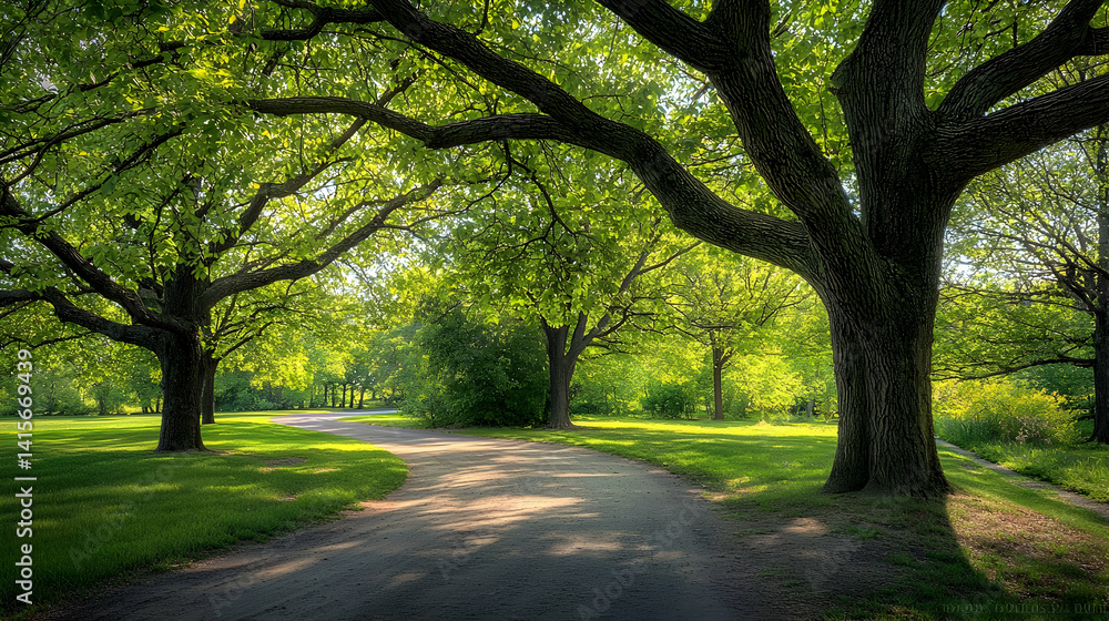 Fototapeta premium Sunlit Pathway Through Lush Green Trees