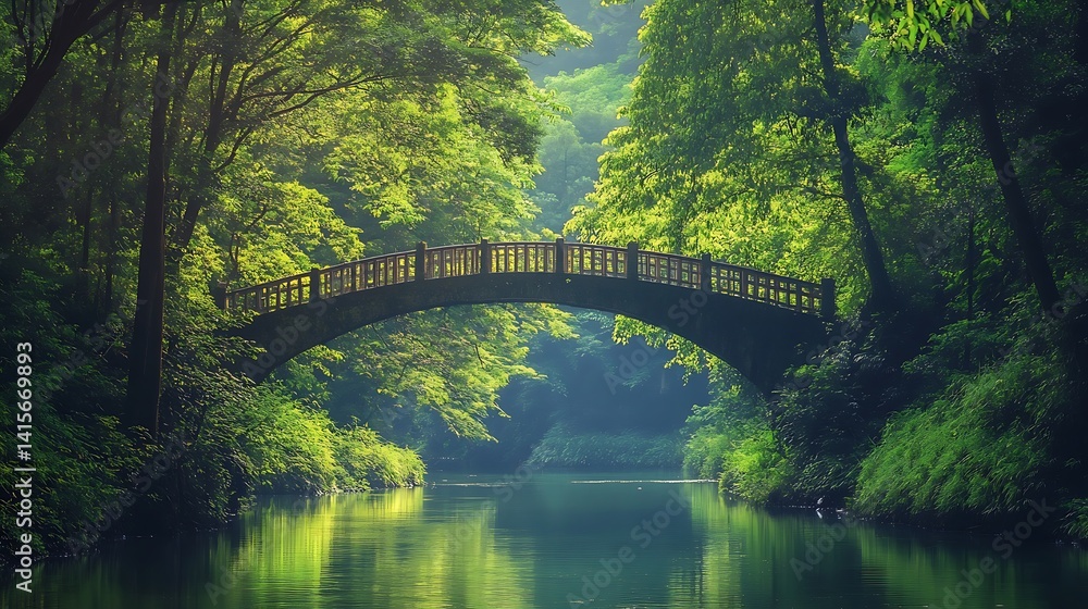 Misty forest path with a bridge crossing the river Misty forest path with a bridge crossing the river