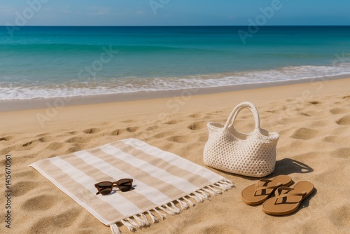 Relaxing Beach Day With Sandals, Bag, and Sunglasses on Golden Sand Near Calm...