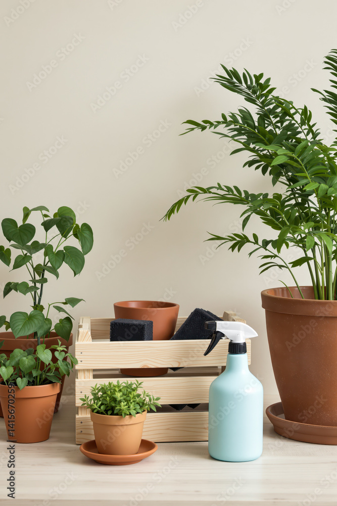 Fototapeta premium assortment of potted plants with gardening tools