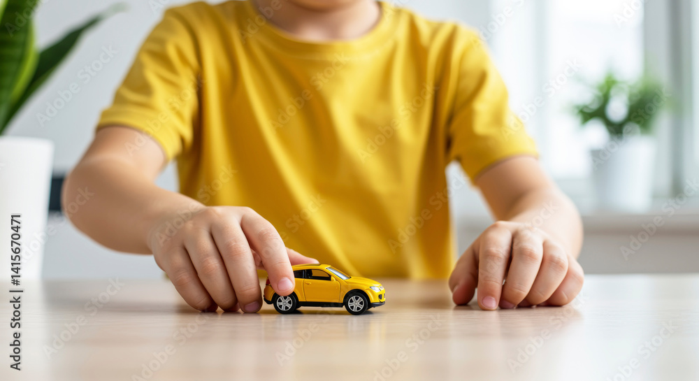 Child's Hands Rolling Yellow Toy Car on Table in Bright Minimalist Interior Child's Hands Rolling Yellow Toy Car on Table in Bright Minimalist Interior