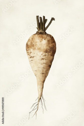 Sugar Beet Root Watercolor Botanical Painting on Beige Paper